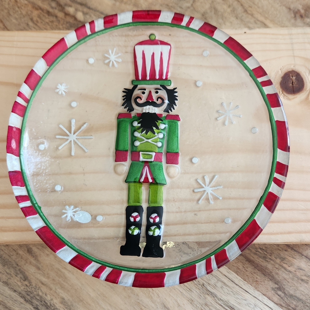Festive Nutcracker Holiday Christmas Glass Plate with Snowflakes and Candy Cane